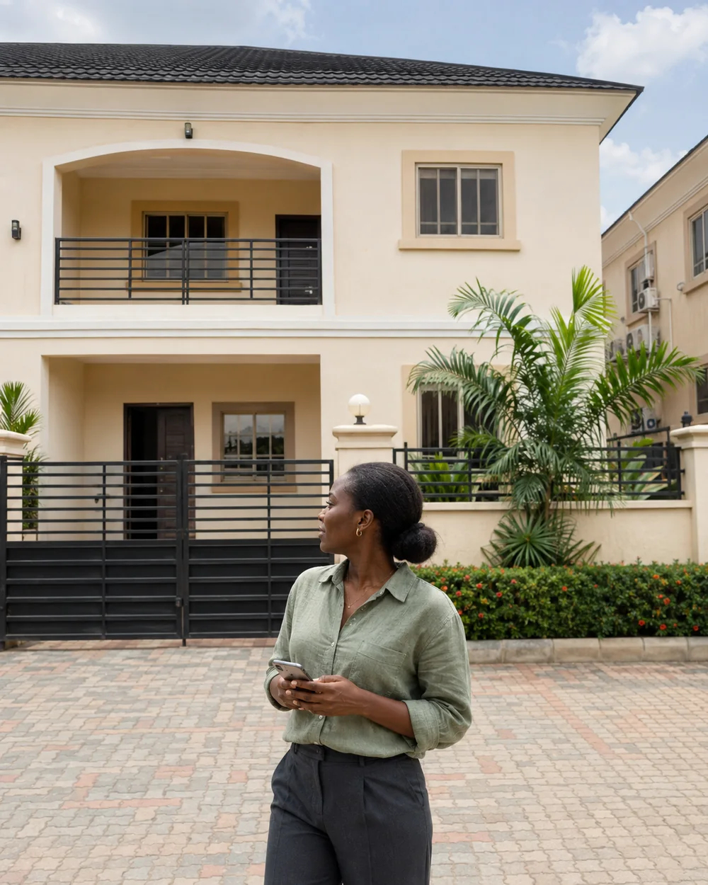A property viewer checks a cream duplex and its paved compound