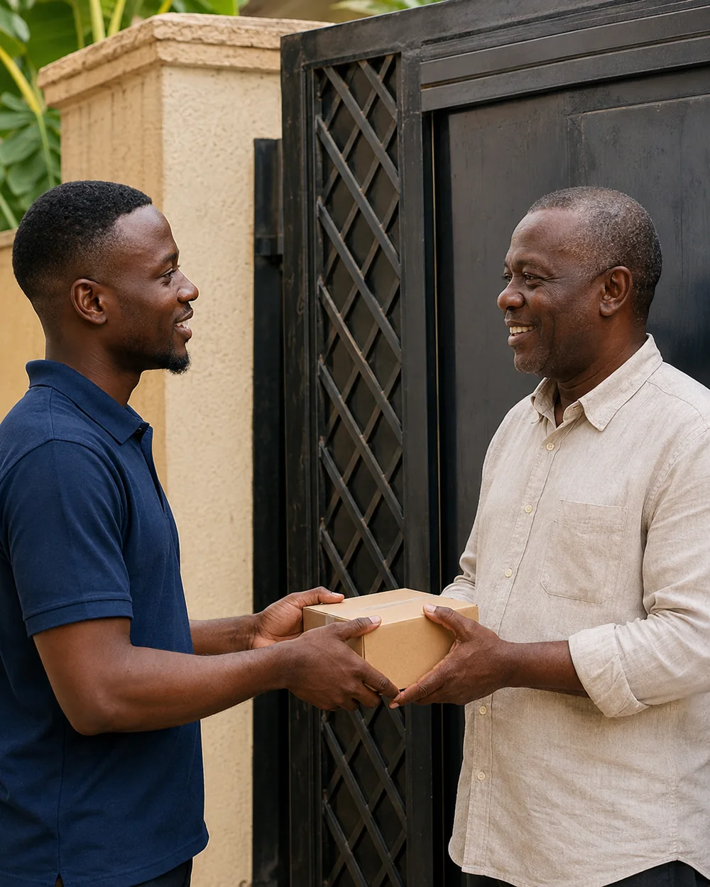A courier hands a parcel to its receiver at the gate