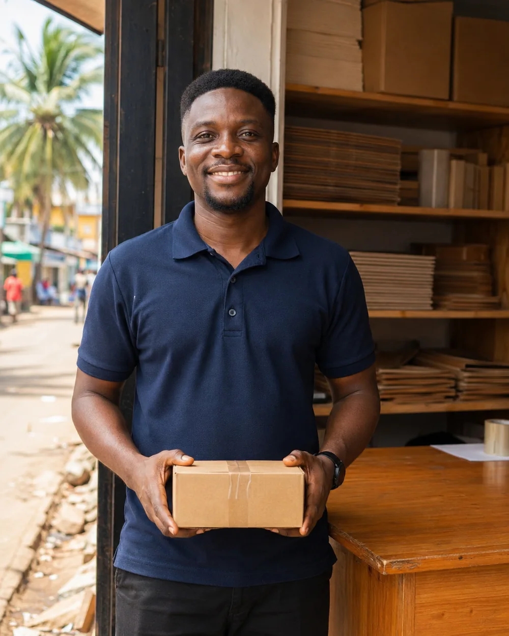A courier holding a sealed cardboard parcel at the pickup doorway