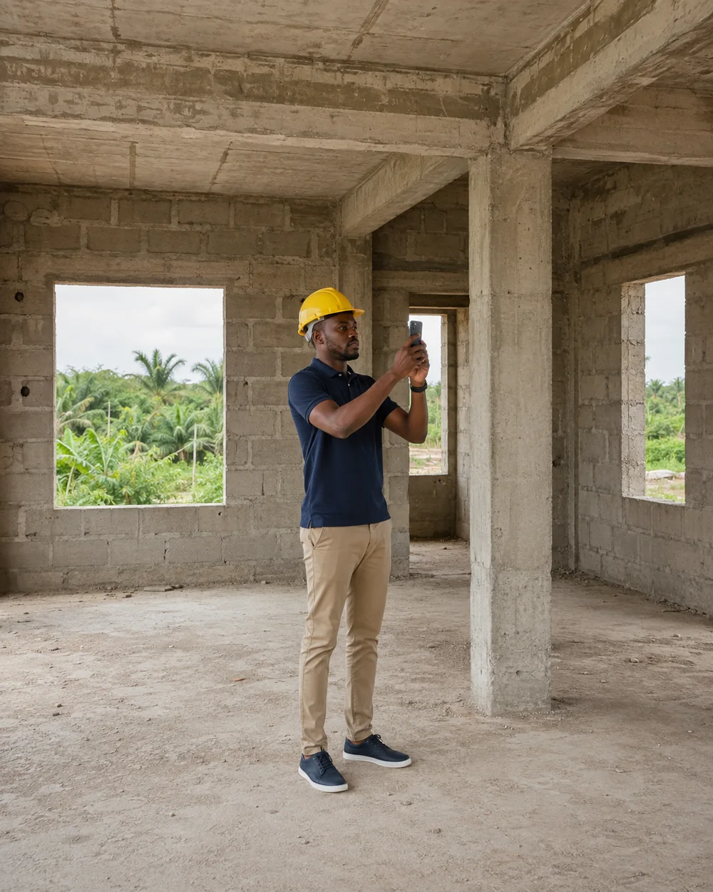 An agent in a hard hat documents an unfinished concrete-block building
